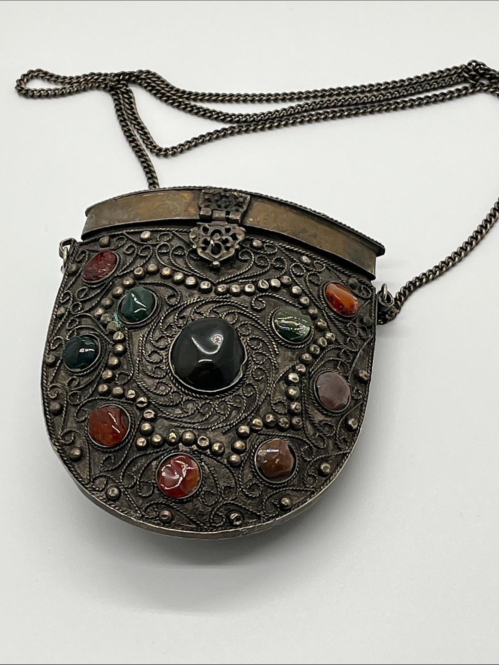 Vintage Sakai metal purse with multicolored natural stones.